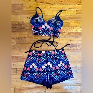 Luxxel Black and Pink Embroidered Bikini Set